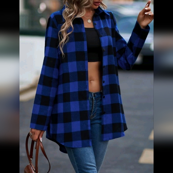 SHEIN Tops - Blue and black plaid button up tunic shirt